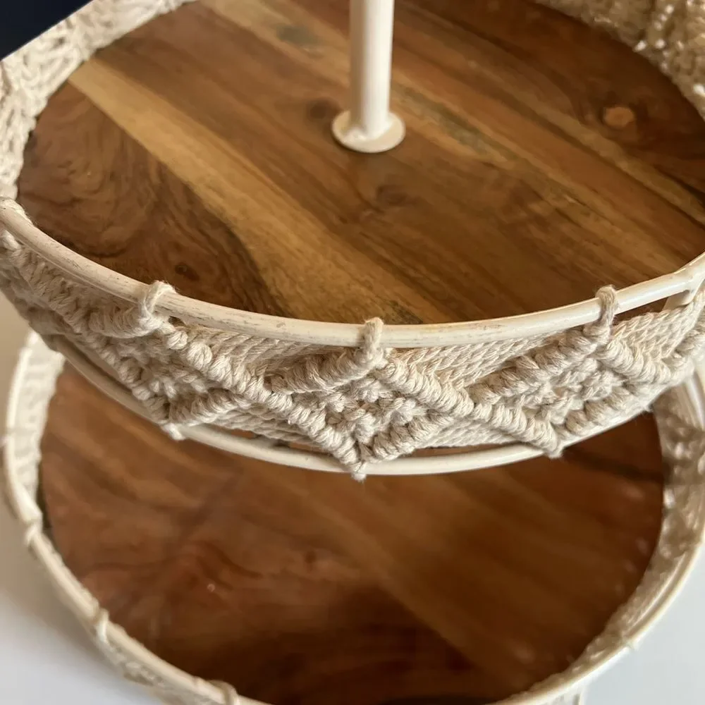 Two-Tier Wood and Macrame Tray, 16-inch Height, Macrame and Metal